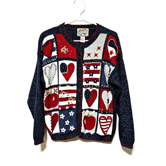 Heirloom Collectibles Sweaters - VTG Heirloom Collectibles Cardigan Sweater Red/Wht/Blue Embroidered Beaded XL